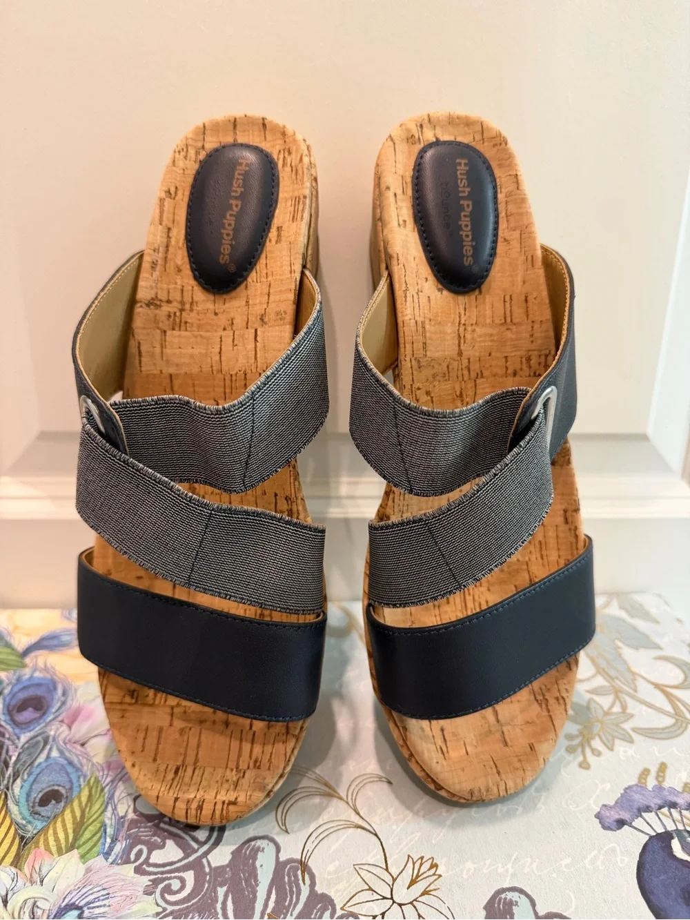 Hush Puppies Coco Cork Wedge Sandals Navy Leather Elastic Size 9